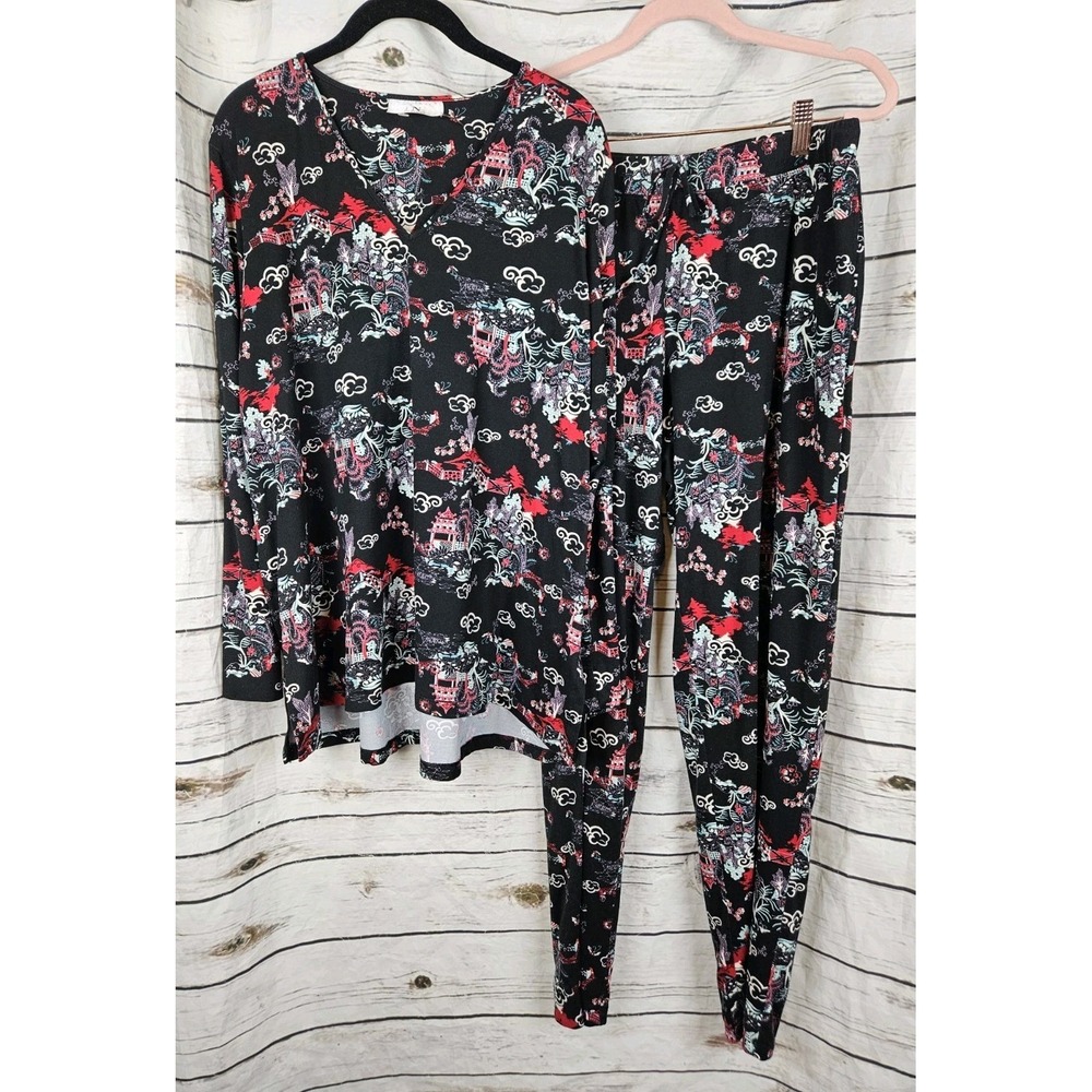 Natori Black Asian Print Pajamas Set Large Top Pants Knit Womens 2 Pc